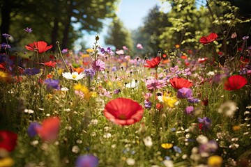 Wall Mural - Colorful flowers in a meadow on a sunny summer day, AI Generated