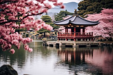 Sticker - Beautiful cherry blossom and japanese pagoda in garden, AI Generated