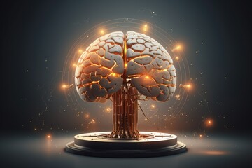 Human brain on pedestal. Artificial intelligence concept. 3D Rendering, AI Generated