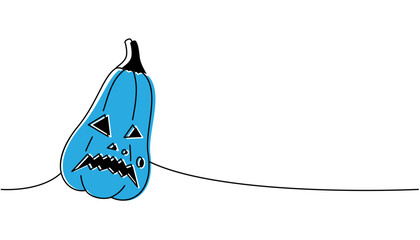 Halloween pumpkin with scary face, autumn vegetable one line colored continuous drawing. Halloween pumpkin face continuous one line illustration.