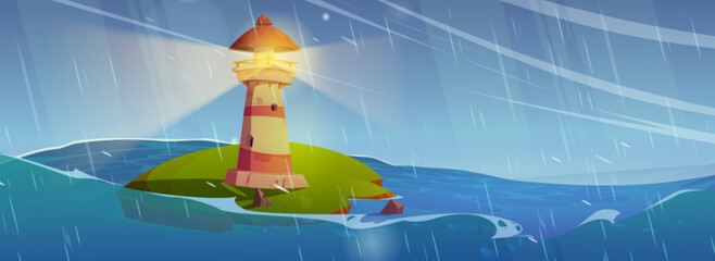 Wall Mural - Lighthouse on little island with green grass in sea or ocean under rain fall. Cartoon vector marine gloomy landscape with beacon building with light on during storm with high waves and rainy weather.