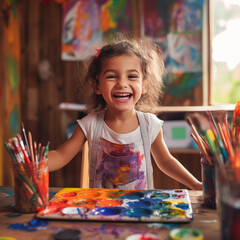 Sticker - Happy preschooler painting with colorful brushes and palettes