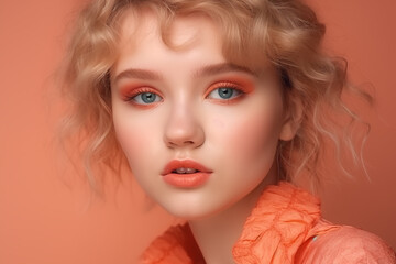 Wall Mural - Portrait of a beautiful young woman with bright make-up. Beauty Sexy girl with peach color makeup. Peach fuzz palette colors. Colour trend 2024. Pantone Peach Fuzz 13-1023