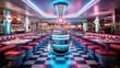 A Classic 1950s Diner with Neon Signs and Checkered Floors 