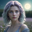 Enchanting Leanan Sidhe - Soft close-up shot of a short, svelte, olive-skin white Leanan Sidhe with frizzy hair and light blue eyes in a moonlit meadow Gen AI