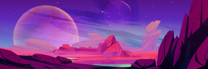 Wall Mural - alien planet landscape with rocky surface and lake. vector cartoon illustration of pink and purple s