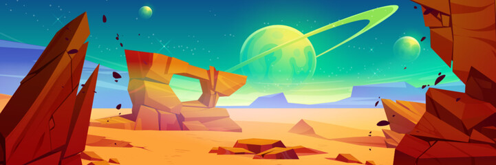 Wall Mural - alien planet landscape with rocky surface. vector cartoon illustration of yellow and brown space bac