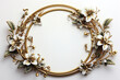 A gold wreath with flowers and leaves on a white background. White copy space background.