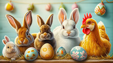 Easter Portrait: Rabbits And Hen With A Colorful Painted Easter Eggs