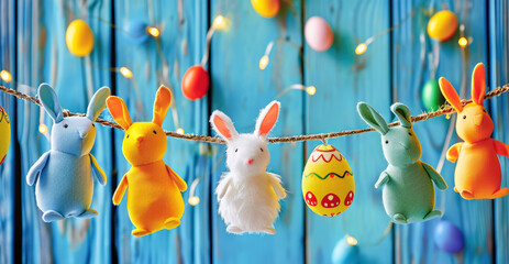 Wall Mural - Easter garland with funny bunnies and Easter eggs made by children