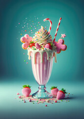 Wall Mural - Pink white chocolate milkshake with whipped cream,fresh berries and colorful sweet candy decor.Trendy freak or crazy cocktail.