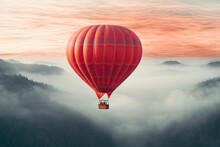 Flying Over The Clouds With A Red Hot Air Balloon