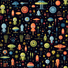 Wall Mural - seamless pattern texture with funny cartoon characters multicolored aliens in space on black backgro