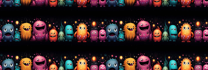 Wall Mural - seamless pattern texture with funny cartoon characters colorful aliens in space on a black backgroun