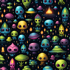 Wall Mural - seamless pattern texture with funny cartoon characters multicolored neon aliens in space on black ra