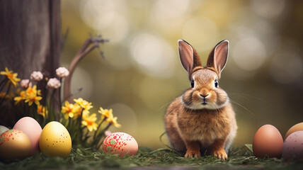 Wall Mural - horizontal image of an easter rabbit standing in the grass with colourful decorated easter eggs all around AI generated