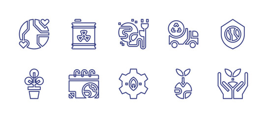 Ecology line icon set. Editable stroke. Vector illustration. Containing green energy, gear, radiation, garbage truck, mother earth day, love, shield, plant, sprout.