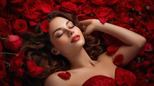 Lady In A Red Dress Lying On The Floor With Red Rose Petals Background In Valentine Day Concept