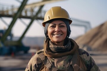 Poster - Portrait of a female worker at a construction site smiling at the camera