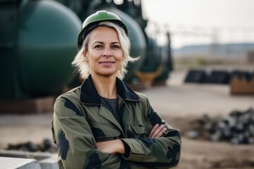 Wall Mural - Portrait of a confident female engineer standing with arms crossed outdoors.