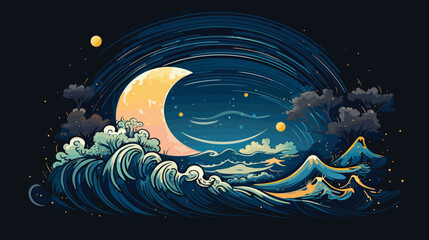 Wall Mural - moon and the tides in a vector scene featuring ocean waves influenced by lunar gravitational forces. 