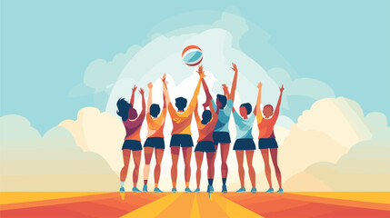 Wall Mural - volleyball team in a vector scene featuring players celebrating a successful play or huddling togeth