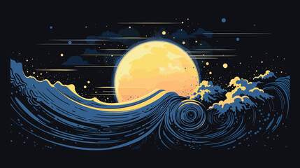 Wall Mural - moon and the tides in a vector scene featuring ocean waves influenced by lunar gravitational forces.