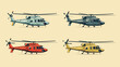 helicopters in a vector scene featuring classic helicopter models from different eras.