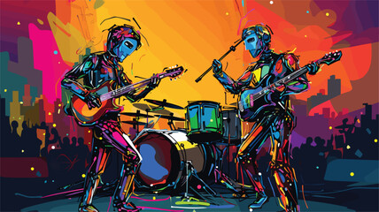 Wall Mural - robotics in entertainment with a vector art piece illustrating robotic performers on stage. robots e