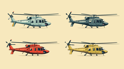 Wall Mural - helicopters in a vector scene featuring classic helicopter models from different eras.