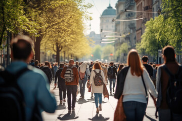 An anonymous crowd of people walking along a busy metropolis street, sunny day, summer