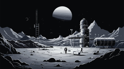 Wall Mural - lunar base in a vector art piece. astronauts constructing habitats, conducting experiments, and conf