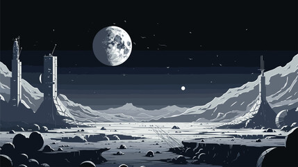 Wall Mural - lunar base in a vector art piece. astronauts constructing habitats, conducting experiments, and conf