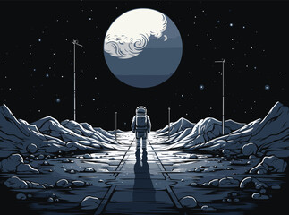 Wall Mural - lunar base in a vector art piece. astronauts constructing habitats, conducting experiments, and conf