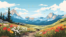 Flora And Fauna In A Vector Scene Featuring Mountainous Landscapes, Alpine Flowers, And Hardy Wildlife