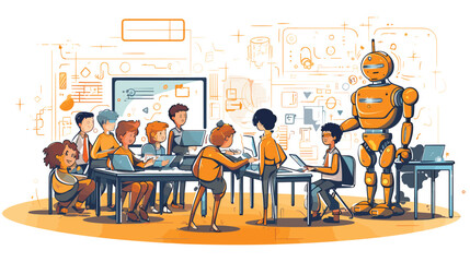 Wall Mural - future of education with a vector art piece illustrating ai-powered classrooms. robots assisting tea
