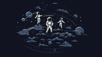 Wall Mural - unique challenges of zero gravity in a vector depiction of astronauts navigating space stations.
