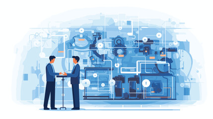 Wall Mural - technological advancements within a factory in a vector art piece showcasing men interacting with st