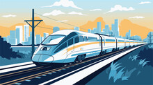 High-speed Rail Travel With A Vector Scene Featuring Streamlined Trains Traversing Modern Rail Networks. Efficiency Of High-speed Trains