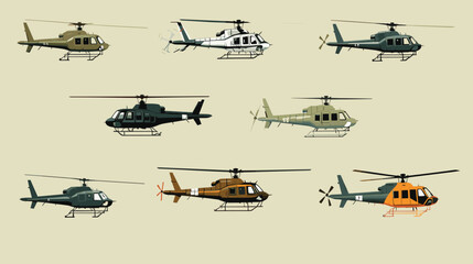 Wall Mural - iconic helicopters in a vector scene featuring classic helicopter models from different eras. I