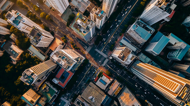 bird's-eye view of bustling city streets at dusk, urban high-rise or skyscraper landscape.