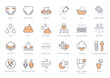 Diaper line icon set. Baby pants feature - absorption, breathable, cotton, poo pee, bath minimal vector illustration. Simple outline sign for nappy package. Orange Color, Editable Stroke