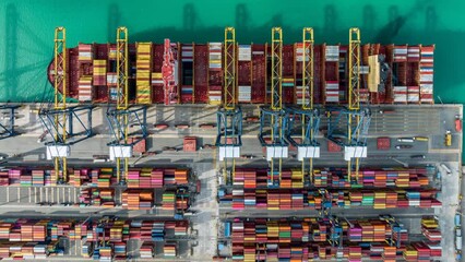 Canvas Print - Aerial view time lapse container cargo ship freight shipping by container cargo ship, Global business import export logistic container, Timelapse 4K