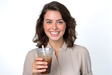 Portrait of a beautiful young woman holding a cup of coffee and smiling