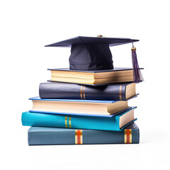stack of different colored books with a graduation cap
