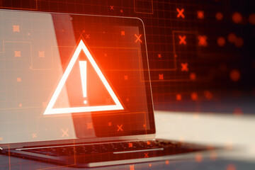 Wall Mural - Laptop with creative red security alert on blurry background. Fraud and danger concept. 3D Rendering.