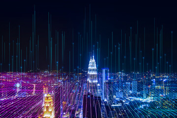 Wall Mural - Creative glowing purple night city background with digital data lines all over. Smart city, VR, AI and innovation concept. Double exposure.