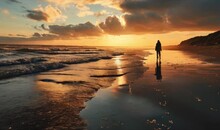 A Solitary Figure Walking On An Empty Beach At Sunset, Their Posture Slumped And Head Down, Reflecting Deep Contemplation And A Sense Of Isolation