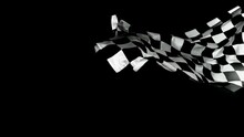Super Slow Motion Of Checkered Race Flag Waving Continuously In The Wind, 1000fps. Racing Flag Isolated On Black Background. Victory, Achievement, Success And Sport Concept.
