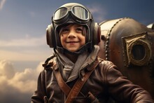 Portrait Of Little Boy In Aviator Helmet On Background Of Old Airplane